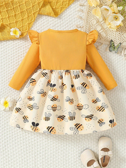 Girls' Yellow Polyester Printed Ruffle Dress – view 4