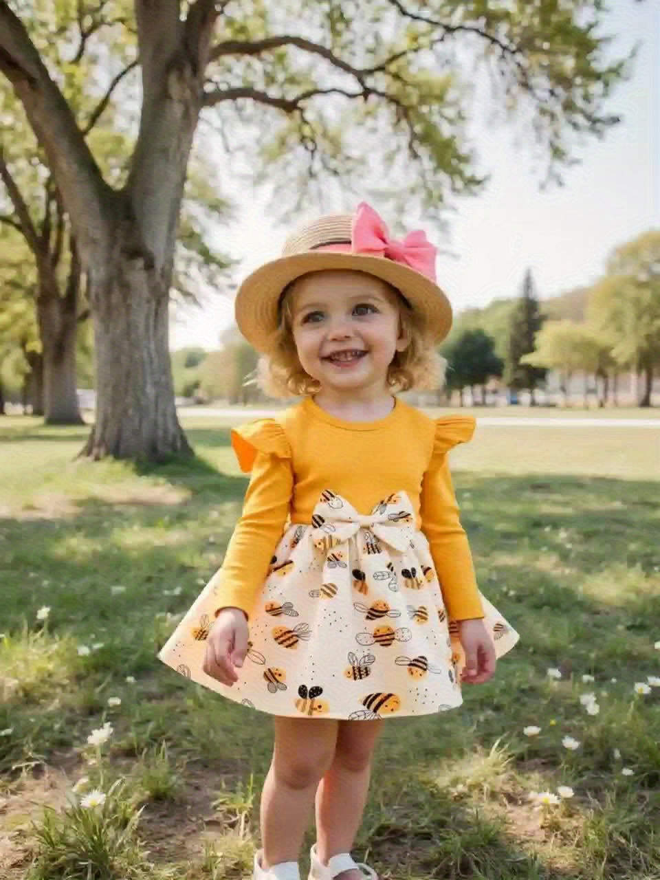 Girls' Yellow Polyester Printed Ruffle Dress – view 8