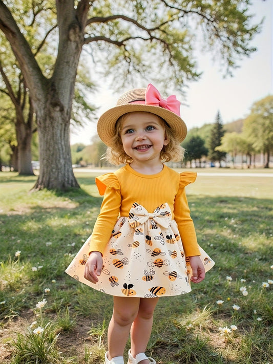 Girls' Yellow Polyester Printed Ruffle Dress – Yellow option – main product image
