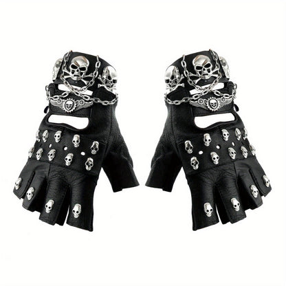 Gloves - Fingerless Leather Gothic Skull Punk Motorcycle with Metal Chain Bracelet - main product view