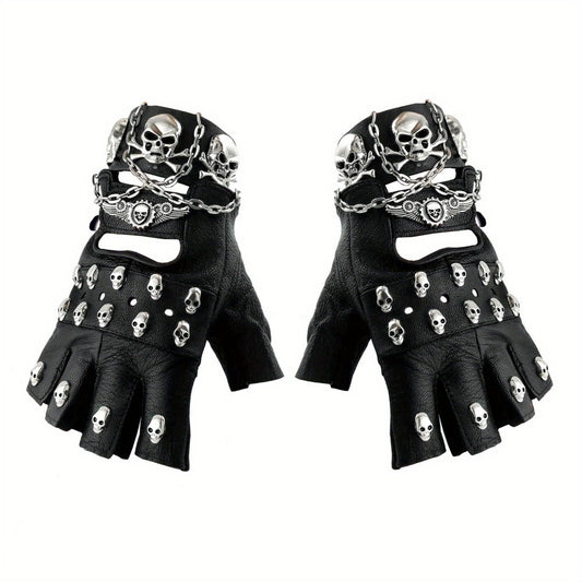 Gloves - Fingerless Leather Gothic Skull Punk Motorcycle with Metal Chain Bracelet - main product view