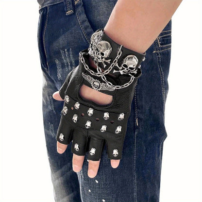 Gloves - Fingerless Leather Gothic Skull Punk Motorcycle with Metal Chain Bracelet - product detail view 7