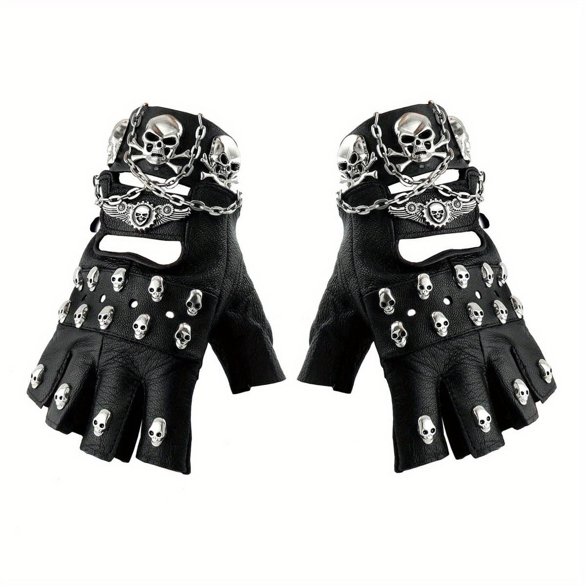 Gloves - Fingerless Leather Gothic Skull Punk Motorcycle with Metal Chain Bracelet - product detail view 9