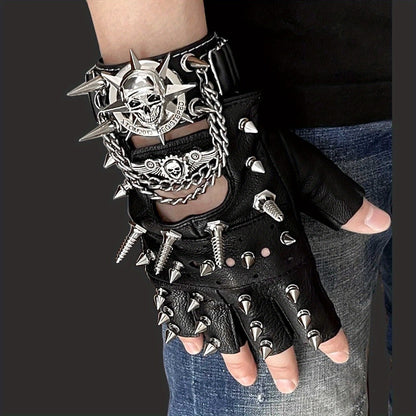 Gloves - Steampunk Leather Fingerless Men Motorcycle Biker with Rivet Chain - main product view