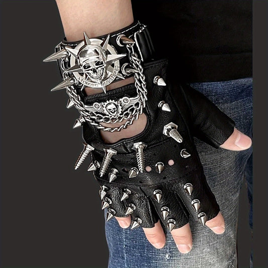 Gloves - Steampunk Leather Fingerless Men Motorcycle Biker with Rivet Chain - main product view