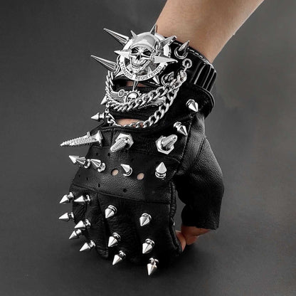 Gloves - Steampunk Leather Fingerless Men Motorcycle Biker with Rivet Chain - product detail view 3