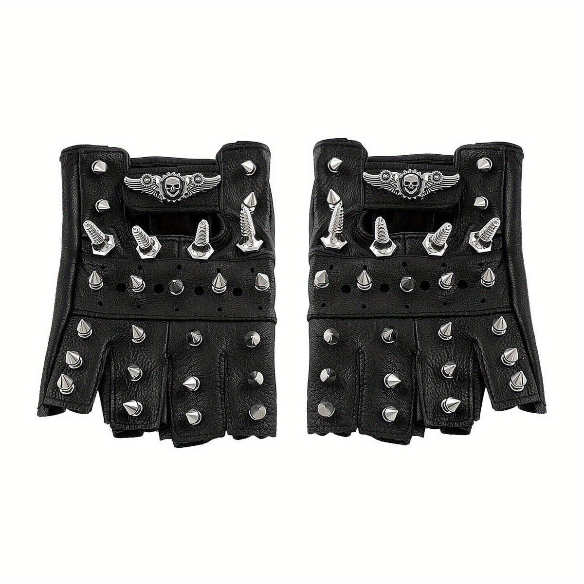 Gloves - Steampunk Leather Fingerless Men Motorcycle Biker with Rivet Chain - product detail view 13