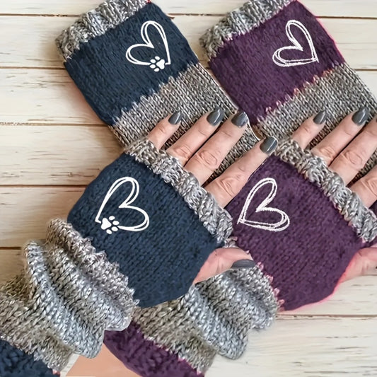 Gloves - Winter 2 Pack Heart Paw Print Embroidery Single Finger Mittens Elastic - main product view