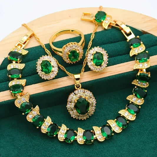 Gold Jewelry Set for Women - Gold-Tone Green CZ, 5 Coordinated Pieces - main product view
