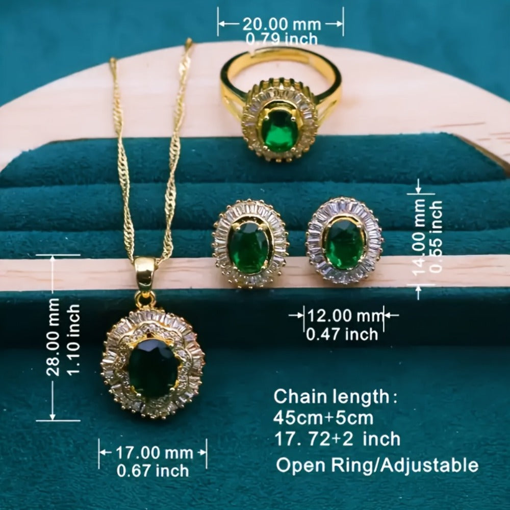 Gold Jewelry Set for Women - Gold-Tone Green CZ, 5 Coordinated Pieces - size chart 20.00mm 0.79inch