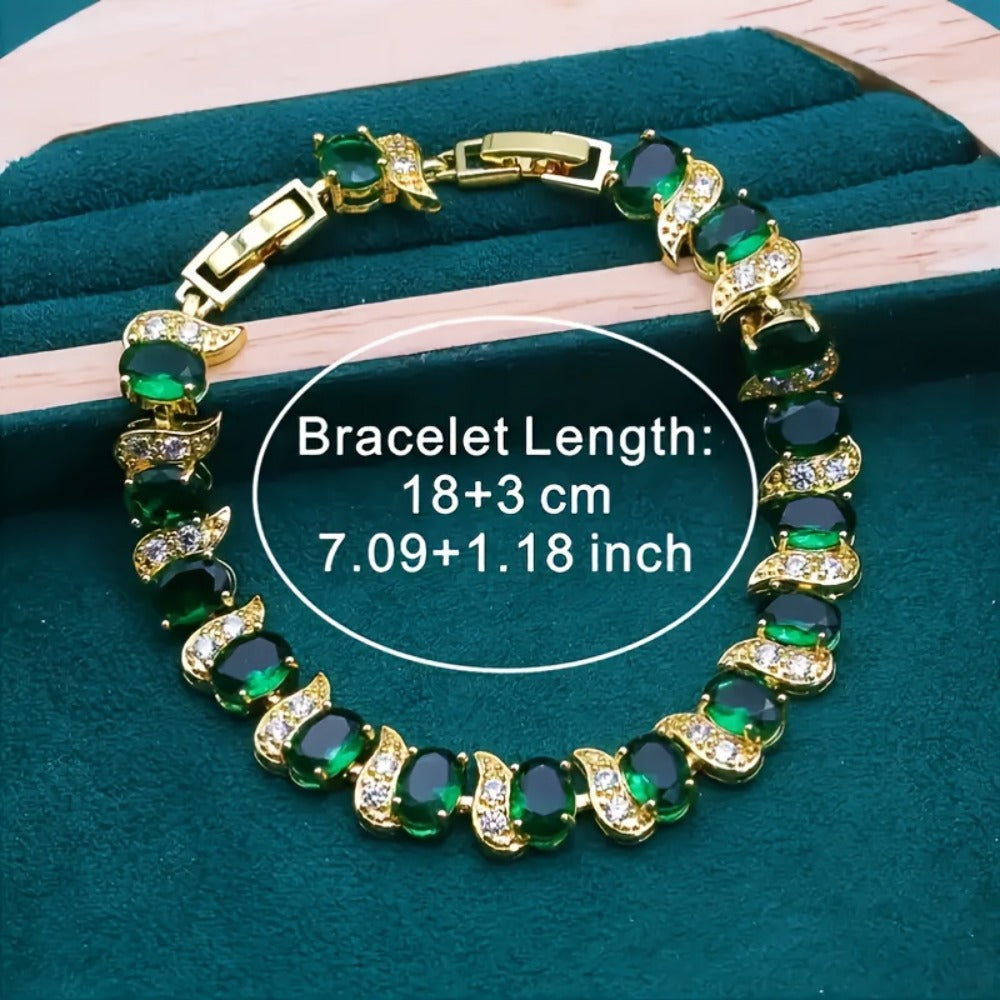 Gold Jewelry Set for Women - Gold-Tone Green CZ, 5 Coordinated Pieces - size chart Bracelet Length: 18+3cm