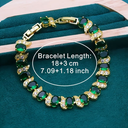 Gold Jewelry Set for Women - Gold-Tone Green CZ, 5 Coordinated Pieces - size chart Bracelet Length: 18+3cm
