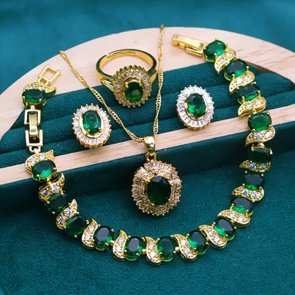 Gold Jewelry Set for Women - Gold-Tone Green CZ, 5 Coordinated Pieces - product detail view 5