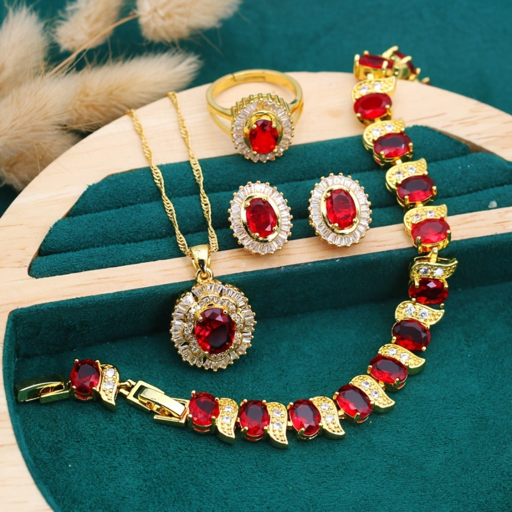 Gold Jewelry Set for Women - Gold-Tone Green CZ, 5 Coordinated Pieces - product detail view 7