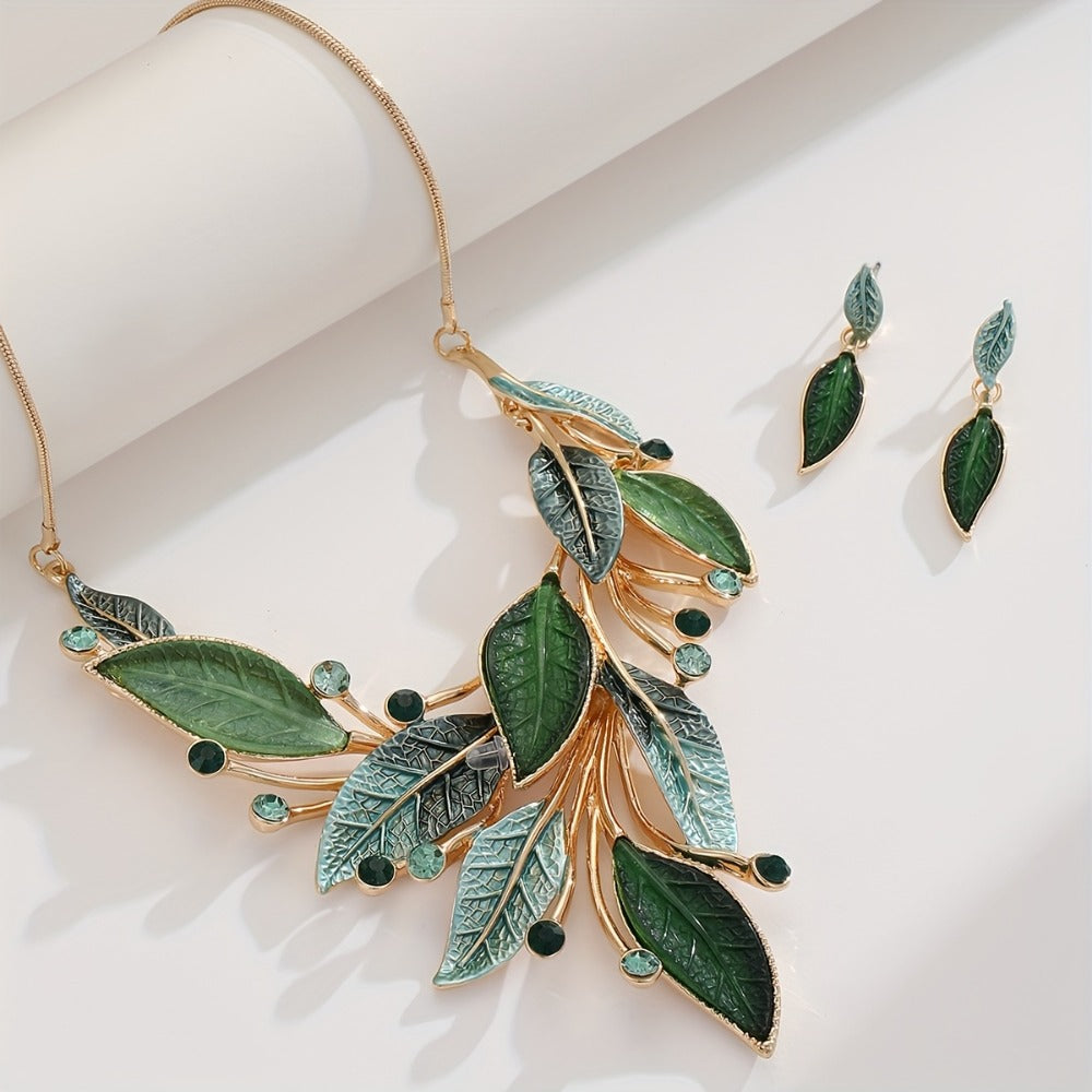 Gold Jewelry Set for Women - Gold-Tone Leaf, Necklace and Earrings - product detail view 2