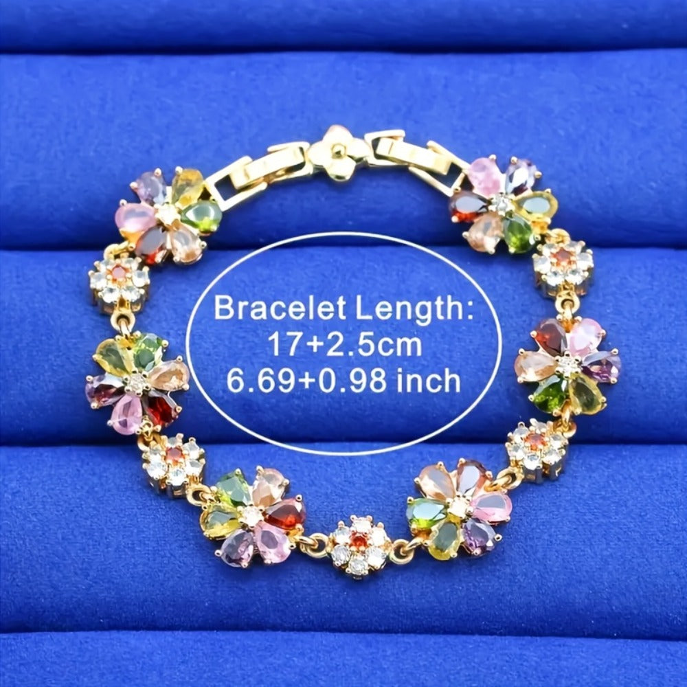 Gold Jewelry Set for Women - Gold-Tone Multicolor CZ, 5 Pieces - size chart Bracelet Length: 17+2.5cm