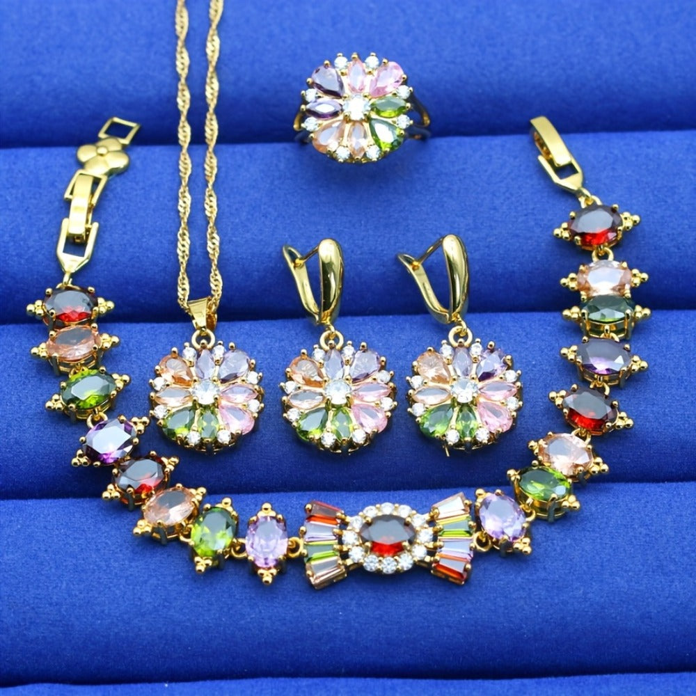 Gold Jewelry Set for Women - Gold-Tone Multicolor CZ, 5 Pieces - product detail view 7