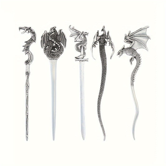 Hair Accessories - Viking Dragon Sticks for Women Set of 5 Antique Silver Metal Hairpins - main product view