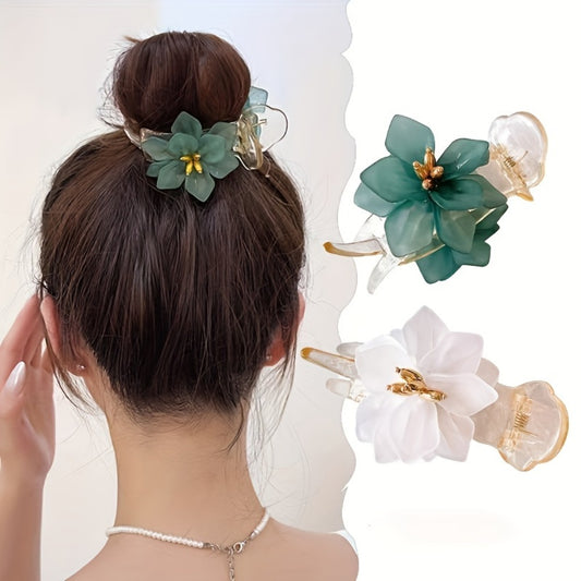 Hair Clips for Women - Banana 2pcs Elegant 3D Floral Anti-Slip Claw Clip Gold Accent Accessories - main product view