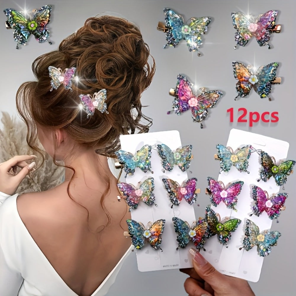 Hair Clips for Women - Butterfly 12pcs Set Y2K Shiny Sequin Double Layer Acrylic Butterfly Luxury - main product view