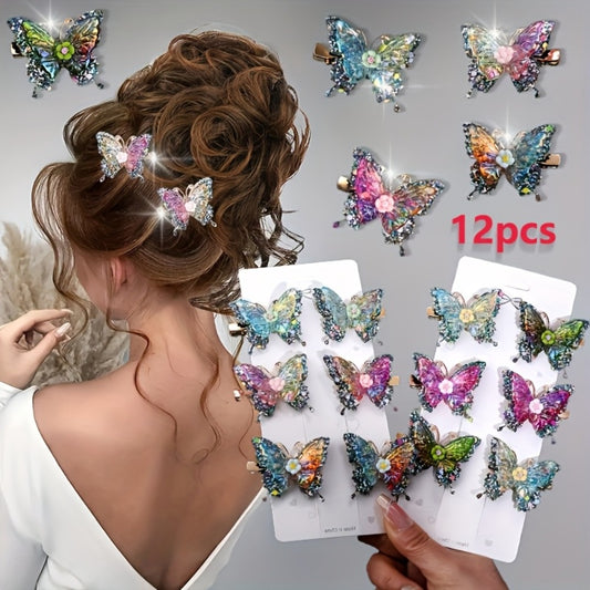 Hair Clips for Women - Butterfly 12pcs Set Y2K Shiny Sequin Double Layer Acrylic Butterfly Luxury - main product view