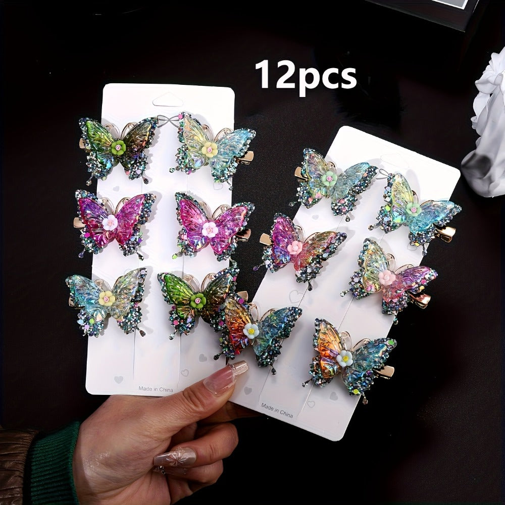 Hair Clips for Women - Butterfly 12pcs Set Y2K Shiny Sequin Double Layer Acrylic Butterfly Luxury - product detail view 3