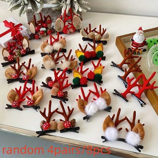 Hair Clips for Women - Christmas Reindeer Antler 8 Pieces Accessories Pom Poms Ears Xmas for - main product view