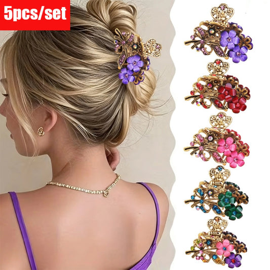 Hair Clips for Women - Claw 5pcs Set Vintage Colorful Floral Rhinestone Metal Alloy Bun Clip - main product view