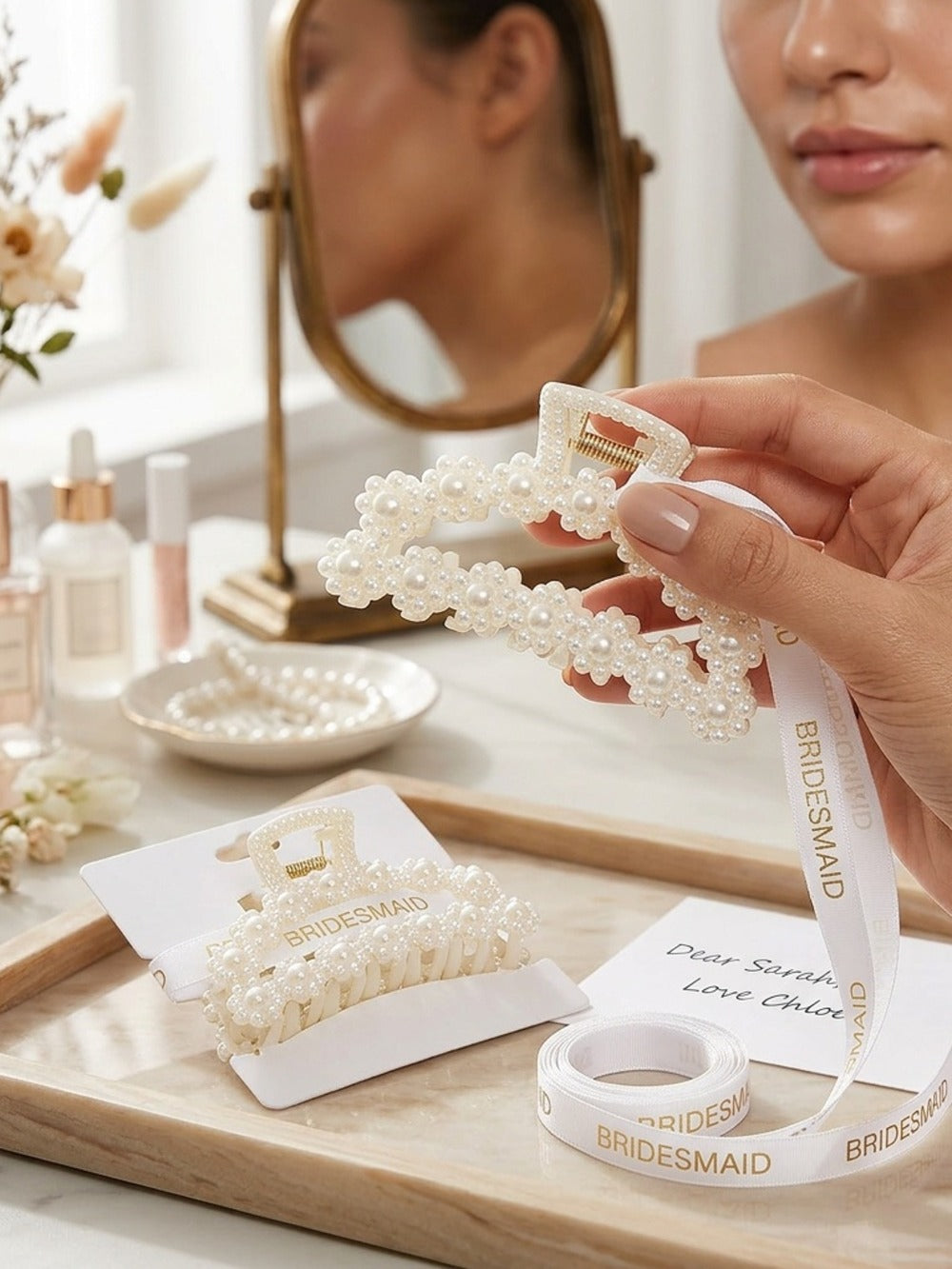 Hair Clips for Women - Claw 8 Pack Pearl Ribbon Floral Vintage 3.7 Inch Elegant Bridesmaid - product detail view 7