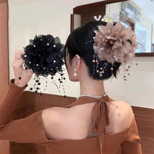 Hair Clips for Women - Flower Shark Clip for Fluffy Peony Beaded Tassel Clip, Feather Flower Claw - main product view