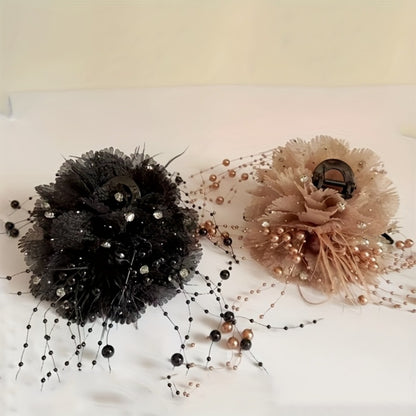 Hair Clips for Women - Flower Shark Clip for Fluffy Peony Beaded Tassel Clip, Feather Flower Claw - product detail view 2