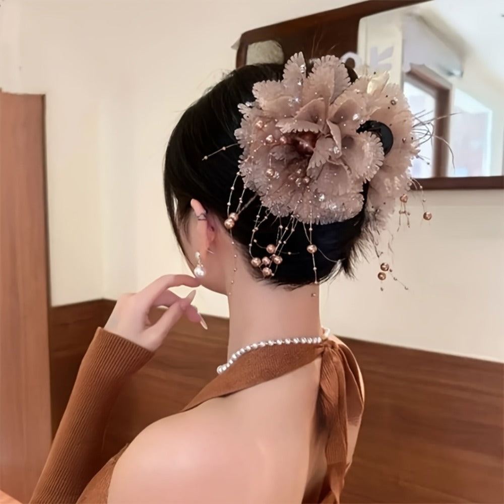 Hair Clips for Women - Flower Shark Clip for Fluffy Peony Beaded Tassel Clip, Feather Flower Claw - product detail view 4