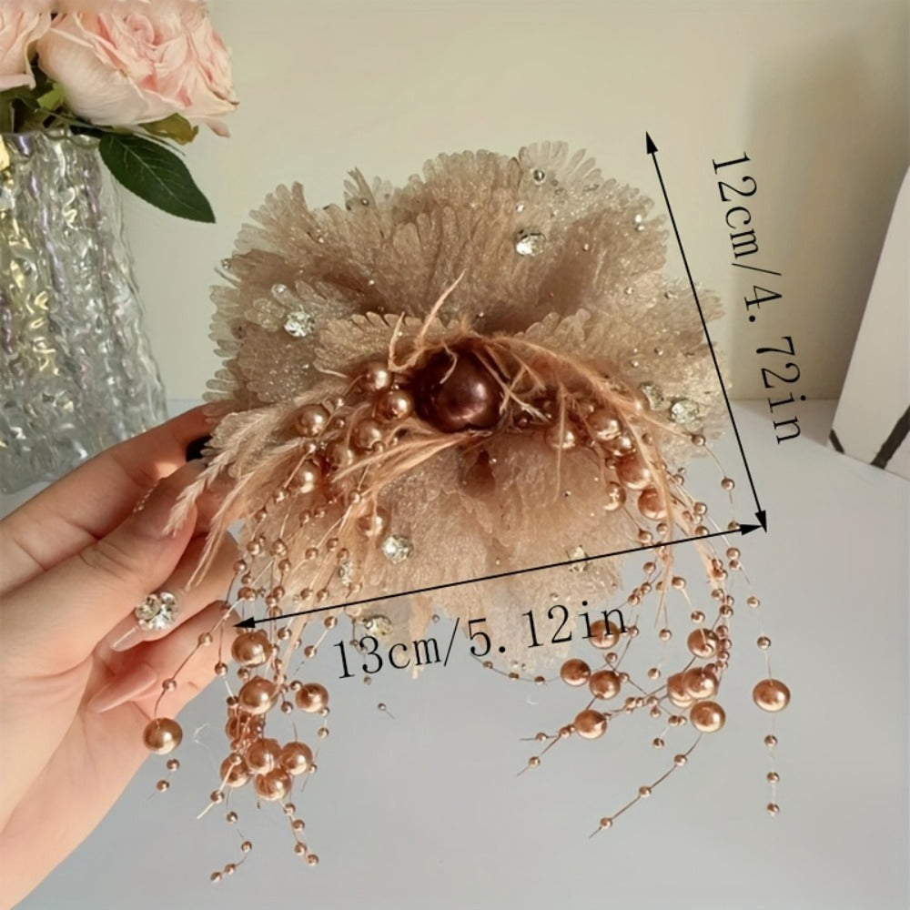 Hair Clips for Women - Flower Shark Clip for Fluffy Peony Beaded Tassel Clip, Feather Flower Claw - product detail view 6