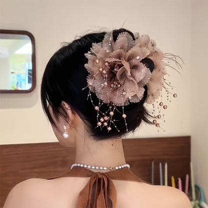 Hair Clips for Women - Flower Shark Clip for Fluffy Peony Beaded Tassel Clip, Feather Flower Claw - product detail view 7