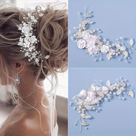 Hair Clips for Women - Pearl Floral Bridal Accessory - Artificial Pearl Leaf Wedding Headpiece - main product view