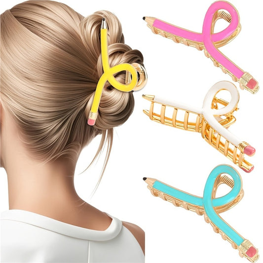 Hair Clips for Women - Pencil 4pcs Set Colorful Novelty Metal Barrettes Yellow Pink Blue Fun - main product view