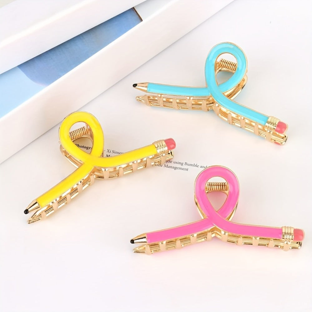 Hair Clips for Women - Pencil 4pcs Set Colorful Novelty Metal Barrettes Yellow Pink Blue Fun - product detail view 2