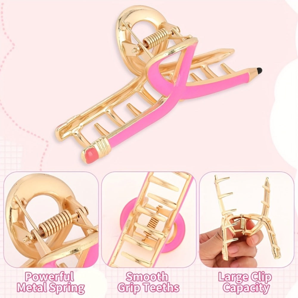 Hair Clips for Women - Pencil 4pcs Set Colorful Novelty Metal Barrettes Yellow Pink Blue Fun - product detail view 3