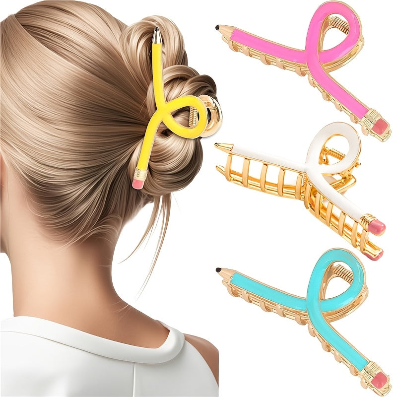 Hair Clips for Women - Pencil 4pcs Set Colorful Novelty Metal Barrettes Yellow Pink Blue Fun - product detail view 5