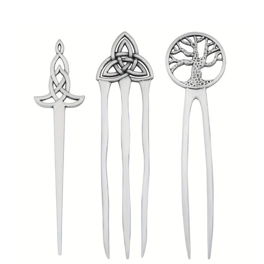 Hair Clips for Women - Pins Set for 3pcs Viking Celtic Knot Tree of Life Crescent Moon Butterfly - main product view
