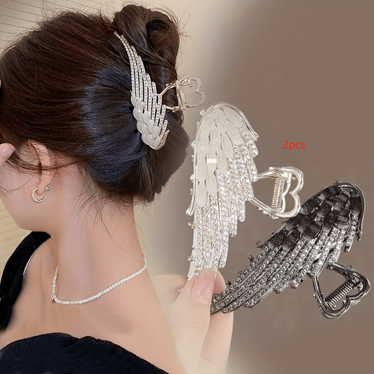 Hair Clips for Women - Rhinestone 2pcs French Style Angel Wing Sparkling Barrettes Black White - main product view