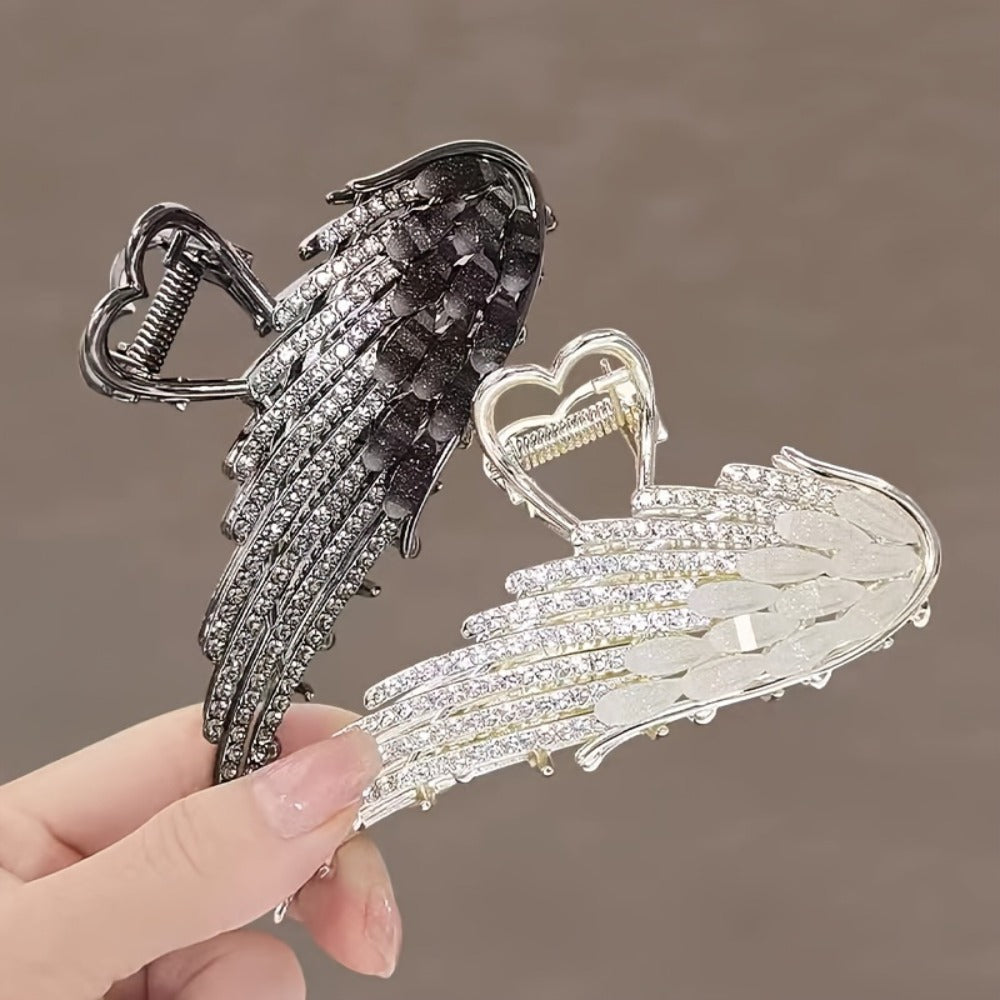 Hair Clips for Women - Rhinestone 2pcs French Style Angel Wing Sparkling Barrettes Black White - product detail view 2