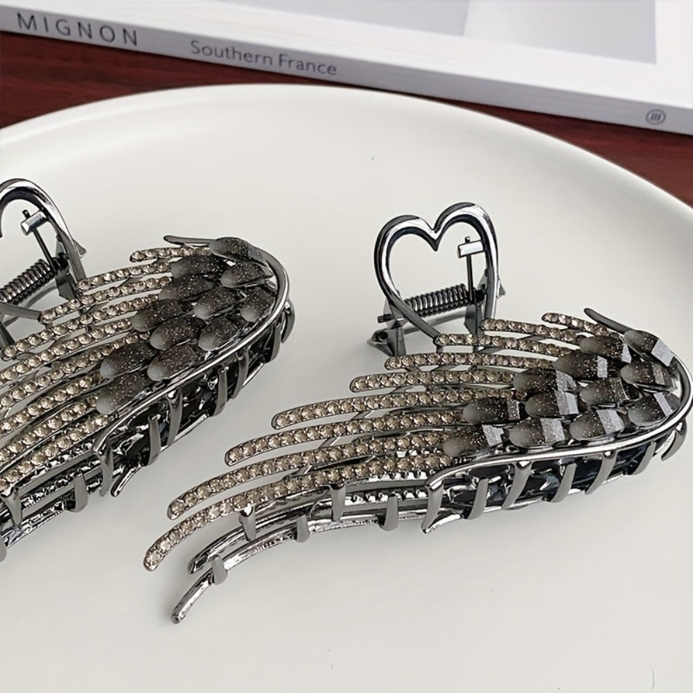 Hair Clips for Women - Rhinestone 2pcs French Style Angel Wing Sparkling Barrettes Black White - product detail view 8