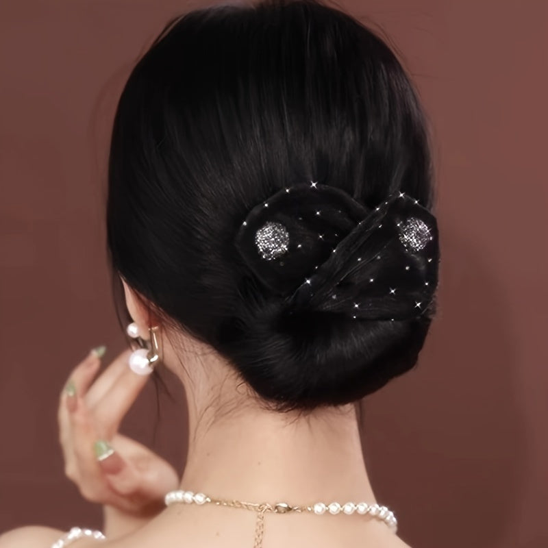 Hair Clips for Women - Rhinestone Clip Black Fabric Twist Bun Maker Sparkling Star Precious Stone - product detail view 7