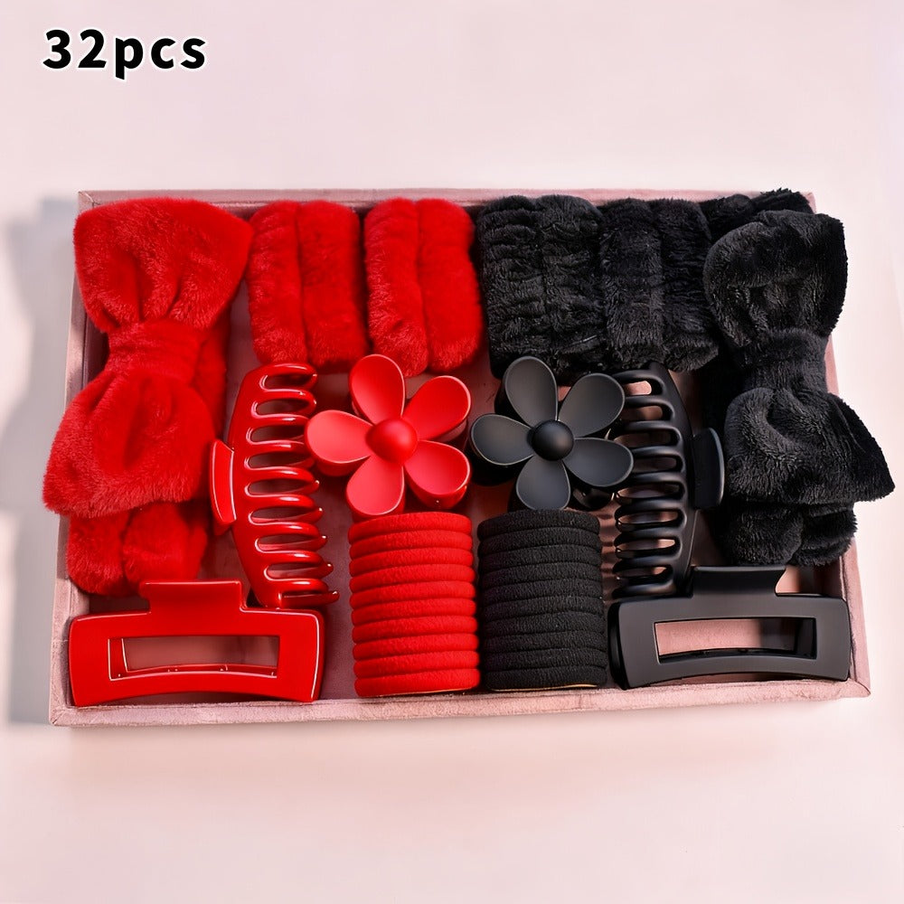 Hair Ties & Hair Accessories Sets - Bow & Clips Set for Women 32 Pack Cute Bow Scrunchies, Large Claw Clip - product detail