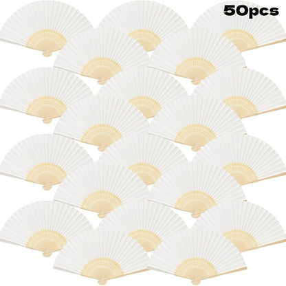 Hand Fans - Paper Folding Bulk White Handheld Bamboo Handle 20/50/65 Pack for Wedding - product detail view 5