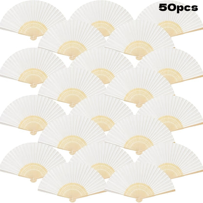 Hand Fans - Paper Folding Bulk White Handheld Bamboo Handle 20/50/65 Pack for Wedding - product detail view 15