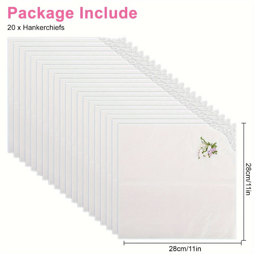 Handkerchief - for Women 20 Pack Floral Embroidered White Lace Edge Cotton 11 Inch - product detail view 4