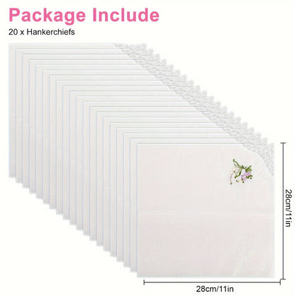 Handkerchief - for Women 20 Pack Floral Embroidered White Lace Edge Cotton 11 Inch - product detail view 4