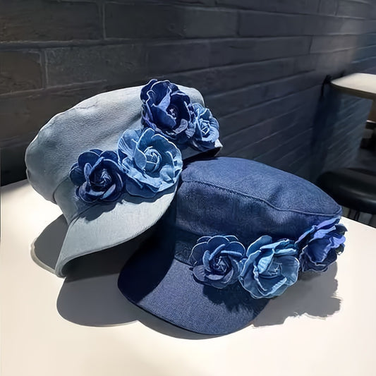 Hats - Newsboy Cap Women Floral Denim Hat Handmade Flower Decor Vintage Beret for - main product view